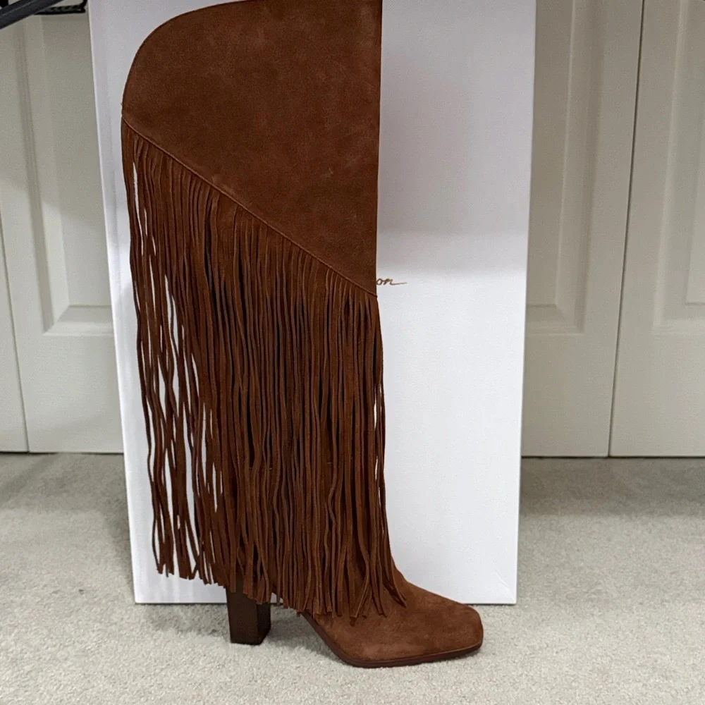 Jessica Simpson Brown Suede Fringe Heeled Boots - Picture 4 of 8